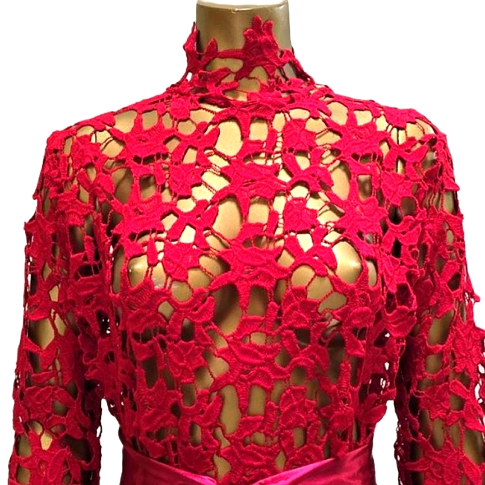 Laser Cut Red Crochet Sexy Cocktail Dress Long Sleeve Beetlejuice High Waist - Picture 5 of 11
